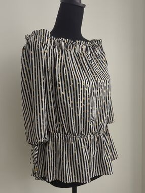 Michael Kors Striped Off-Shoulder Peplum Top with Gold Star - Black & White